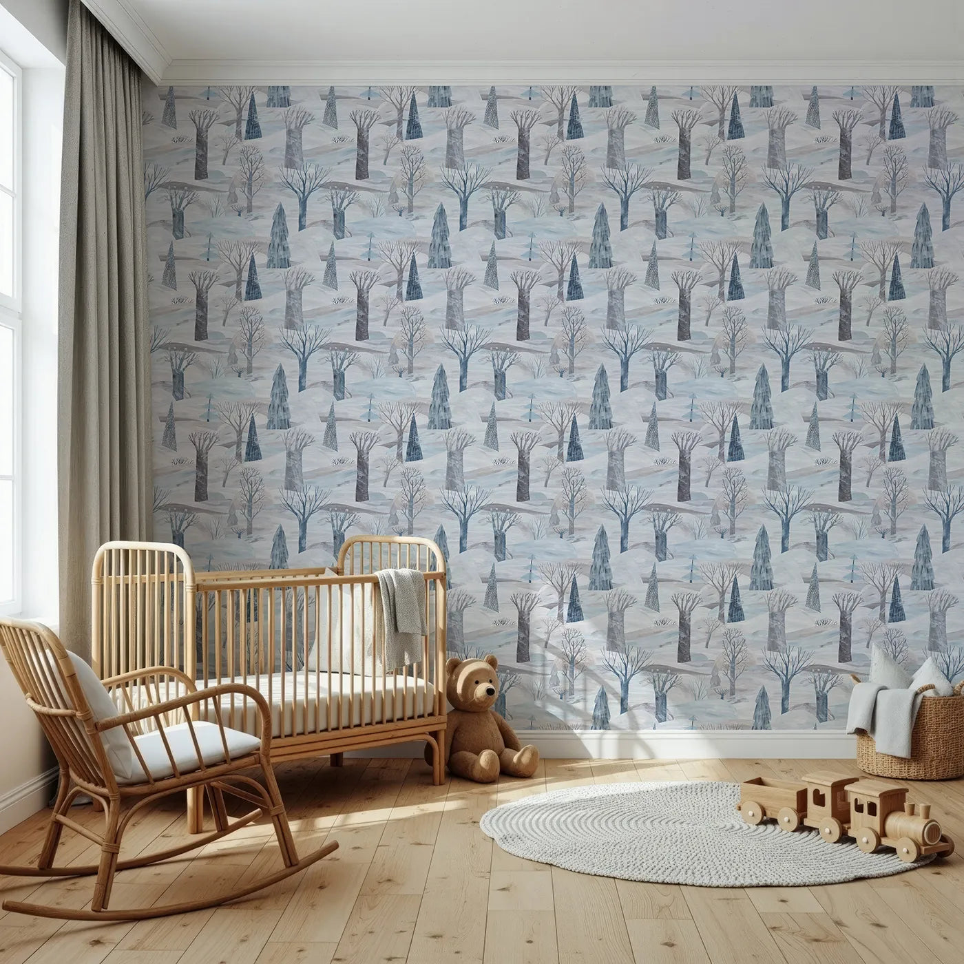Front view of Whimsy Tots' Painted Nordic Winter Wallpaper