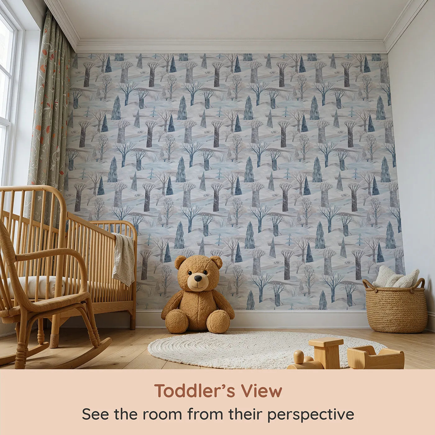Whimsy Tots Painted Nordic Winter Wallpaper (W2166) from your child's view.Where bare trees stand silently in a vast, painted snowscape.