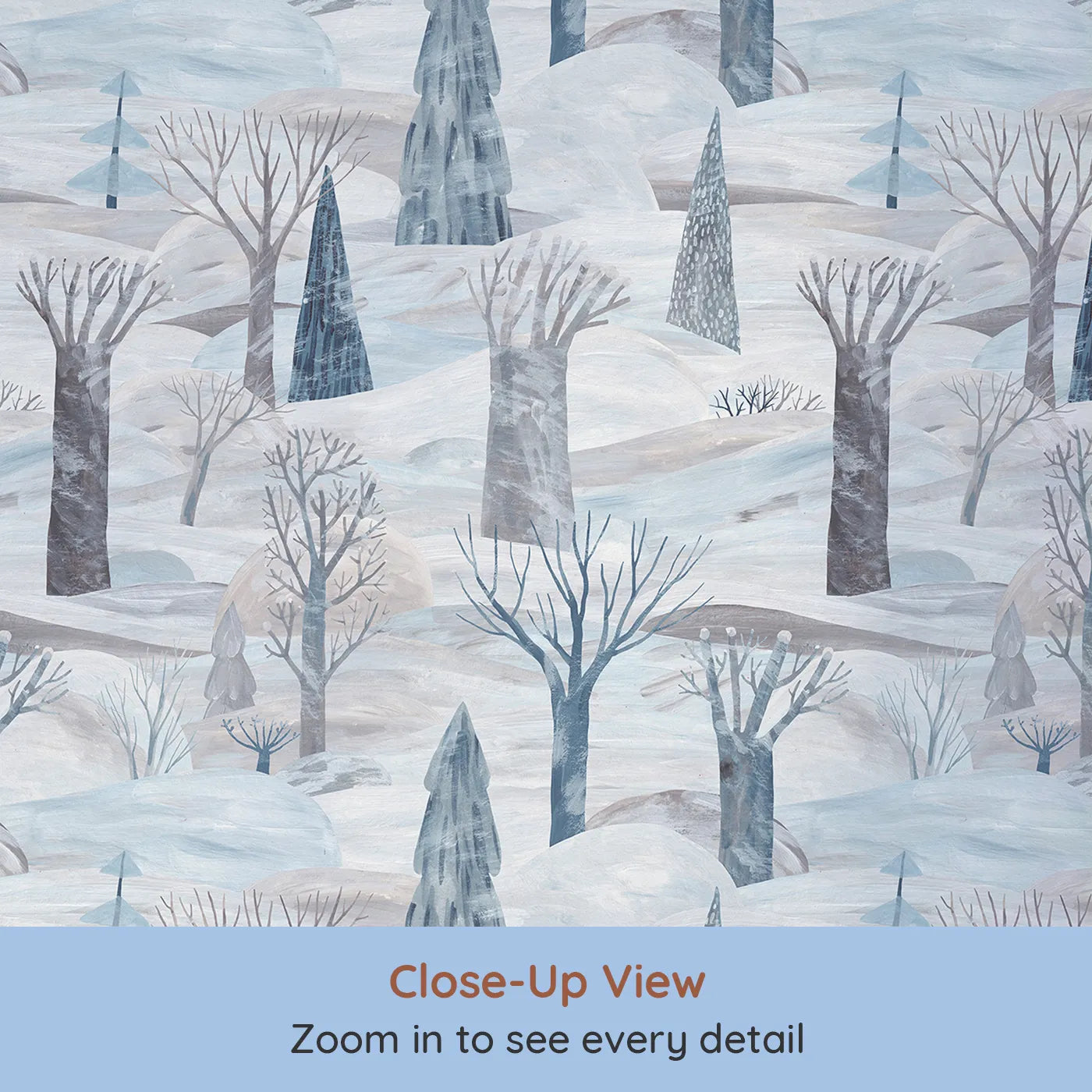 Close-up view of Whimsy Tots' Painted Nordic Winter Wallpaper (W2166).Where bare trees stand silently in a vast, painted snowscape.