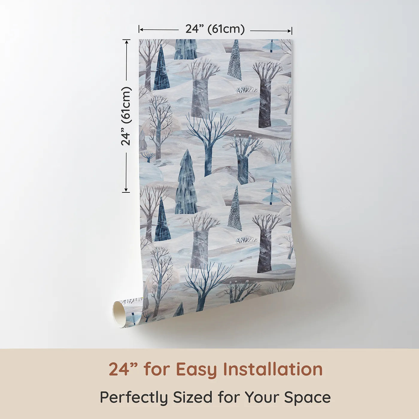Dimension view of Whimsy Tots Painted Nordic Winter Wallpaper (W2166). Printed in 24-inch-wide panel for easy installation. Where bare trees stand silently in a vast, painted snowscape.