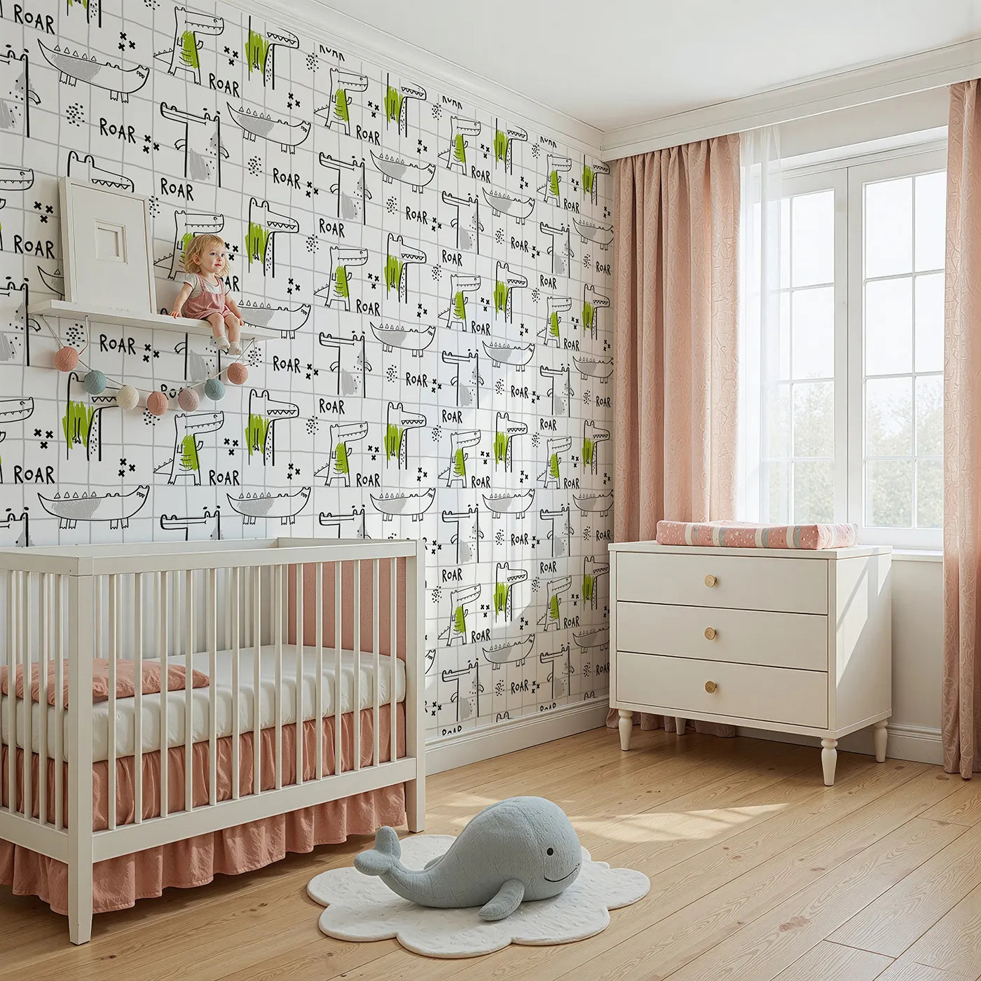 Angled view of Whimsy Tots' Crocodile Roar Doodle Wallpaper (W2167).Where quirky crocodiles are practicing their mightiest roars.