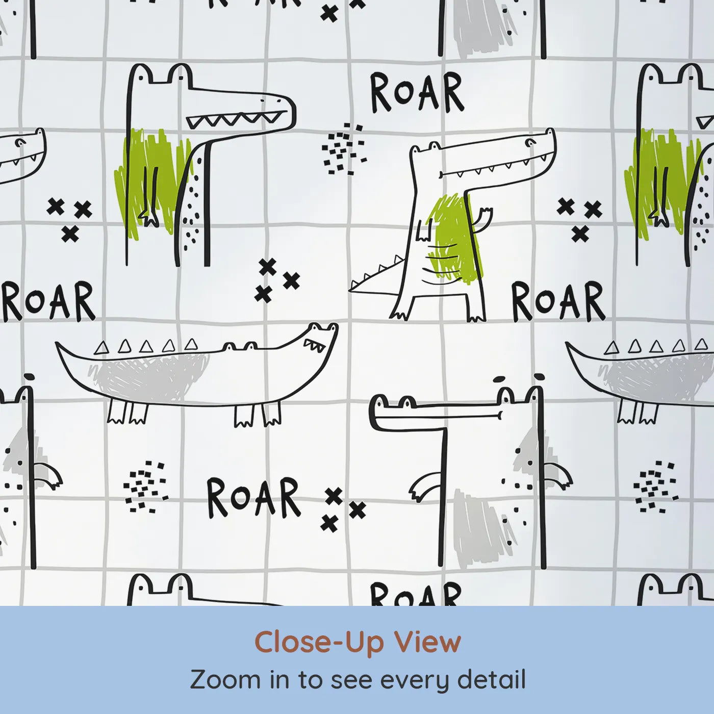 Close-up view of Whimsy Tots' Crocodile Roar Doodle Wallpaper (W2167).Where quirky crocodiles are practicing their mightiest roars.