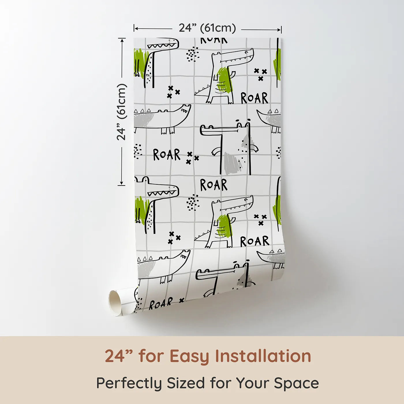 Dimension view of Whimsy Tots Crocodile Roar Doodle Wallpaper (W2167). Printed in 24-inch-wide panel for easy installation. Where quirky crocodiles are practicing their mightiest roars.