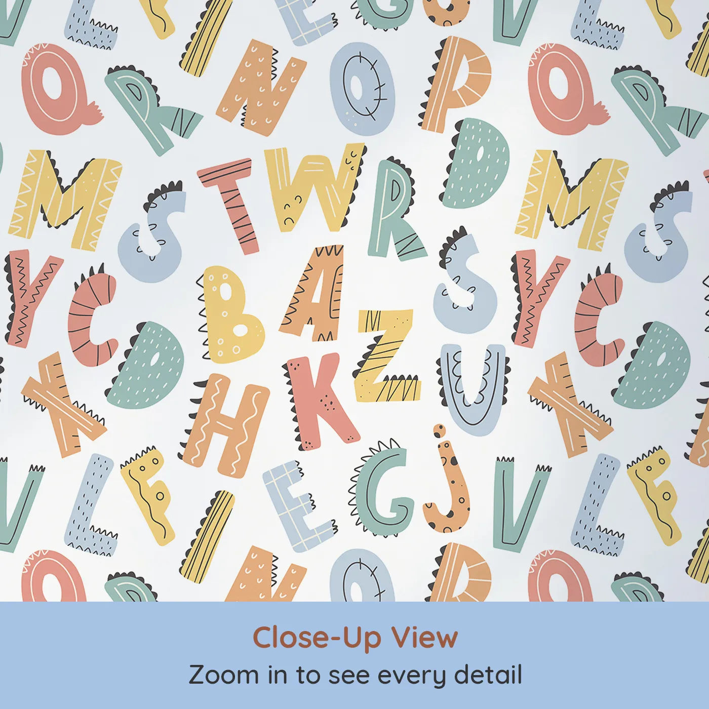 Close-up view of Whimsy Tots' Dino-Mite Alphabet Wallpaper (W2168).Where every letter has a cool, dinosaur twist.