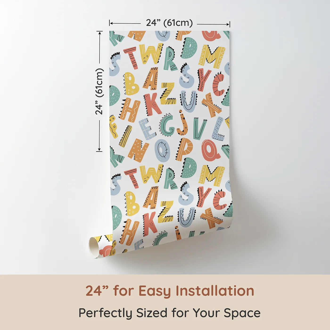 Dimension view of Whimsy Tots Dino-Mite Alphabet Wallpaper (W2168). Printed in 24-inch-wide panel for easy installation. Where every letter has a cool, dinosaur twist.