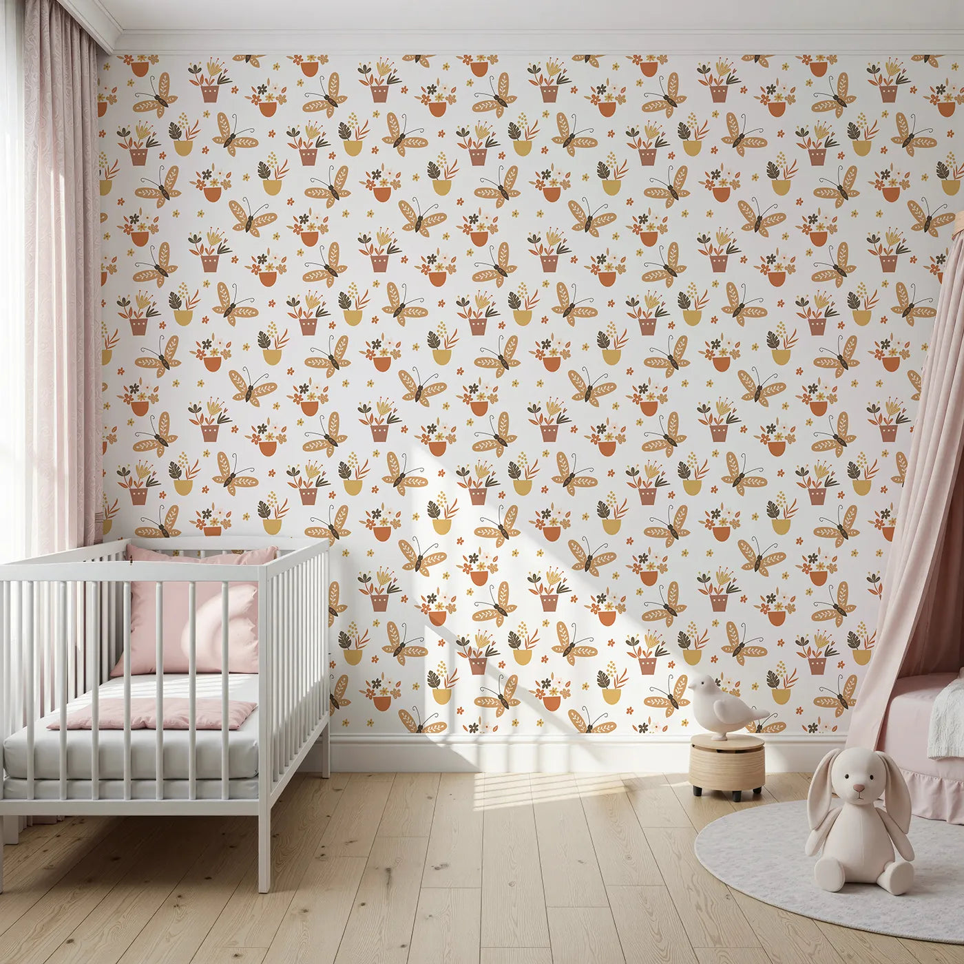 Front view of Whimsy Tots' Boho Butterfly Garden Wallpaper