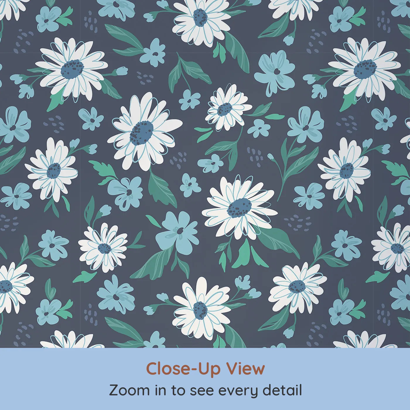 Close-up view of Whimsy Tots' Midnight Daisy Field Wallpaper (W2172).Where crisp white daisies bloom against a deep night sky.