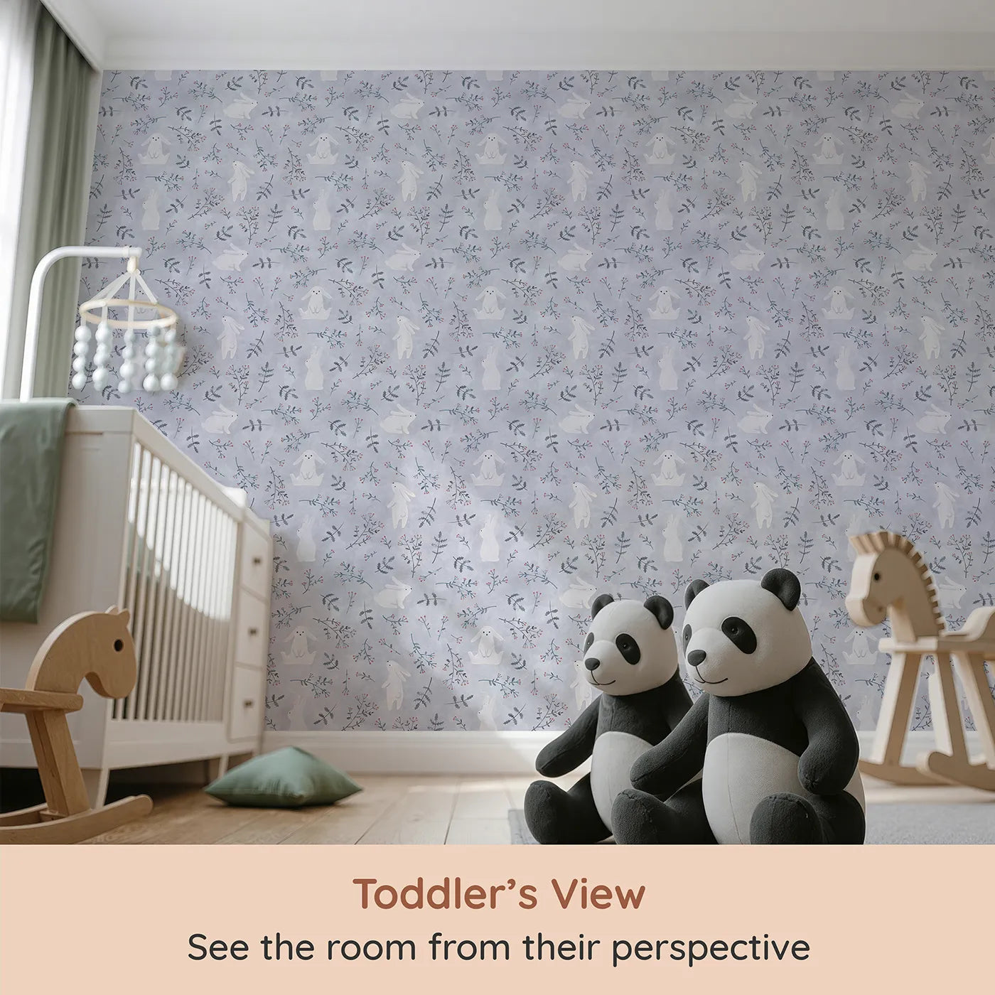 Whimsy Tots Winter Bunny Wonderland Wallpaper (W2173) from your child's view.Where gentle bunnies hop through a forest of frosted berries.