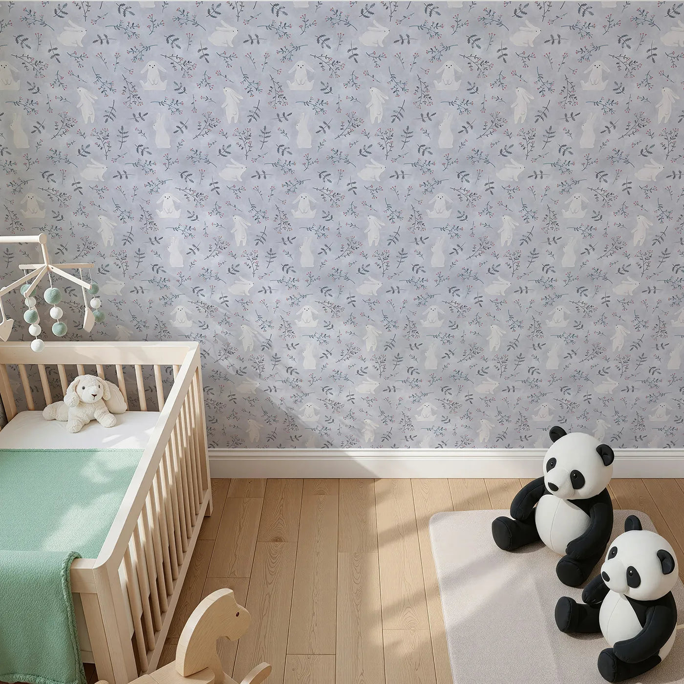Top-Down view of Whimsy Tots' Winter Bunny Wonderland Wallpaper (W2173).Where gentle bunnies hop through a forest of frosted berries.