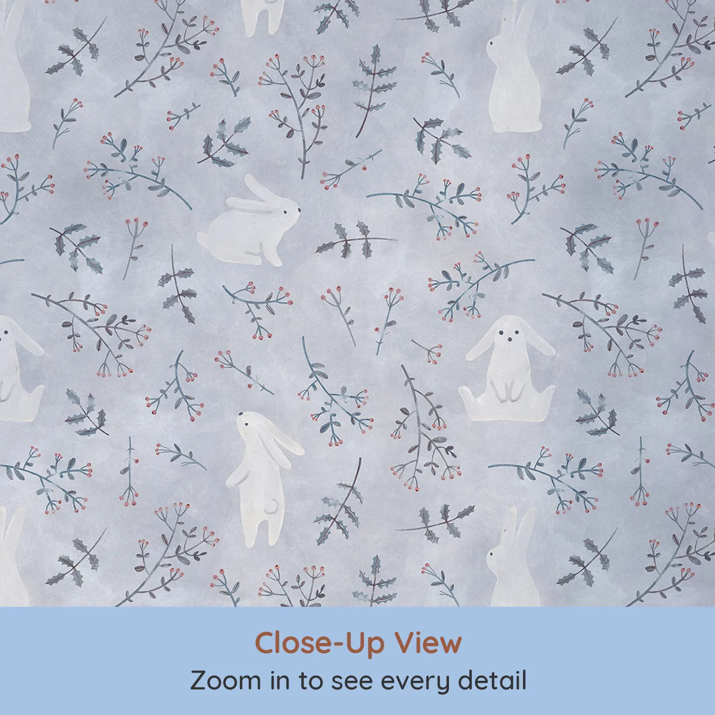 Close-up view of Whimsy Tots' Winter Bunny Wonderland Wallpaper (W2173).Where gentle bunnies hop through a forest of frosted berries.