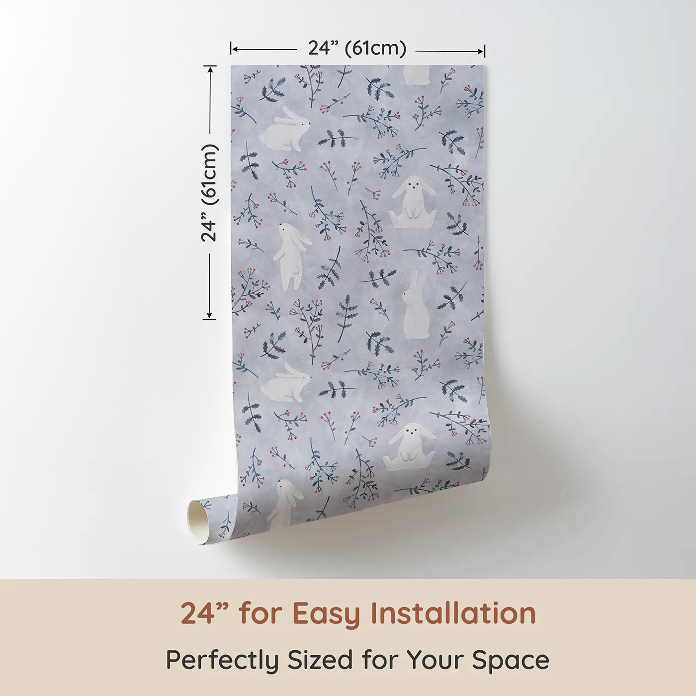 Dimension view of Whimsy Tots Winter Bunny Wonderland Wallpaper (W2173). Printed in 24-inch-wide panel for easy installation. Where gentle bunnies hop through a forest of frosted berries.