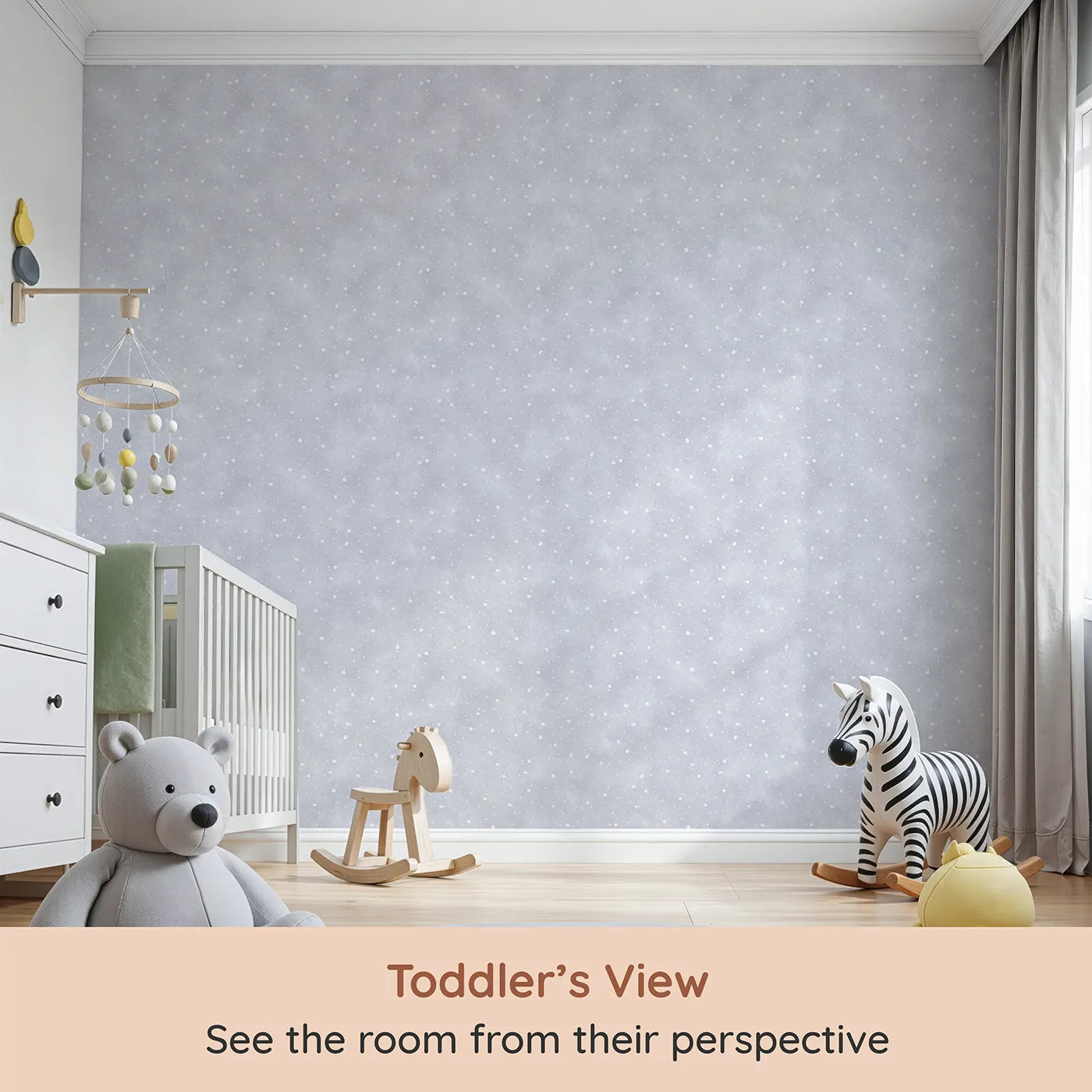 Whimsy Tots First Snowfall Wallpaper in Gray (W2174) from your child's view.Where the first soft snowflakes fall in a quiet, gray sky.