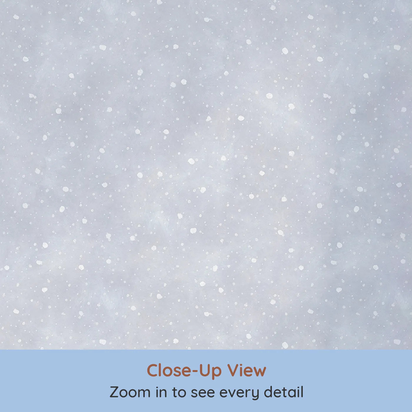 Close-up view of Whimsy Tots' First Snowfall Wallpaper in Gray (W2174).Where the first soft snowflakes fall in a quiet, gray sky.