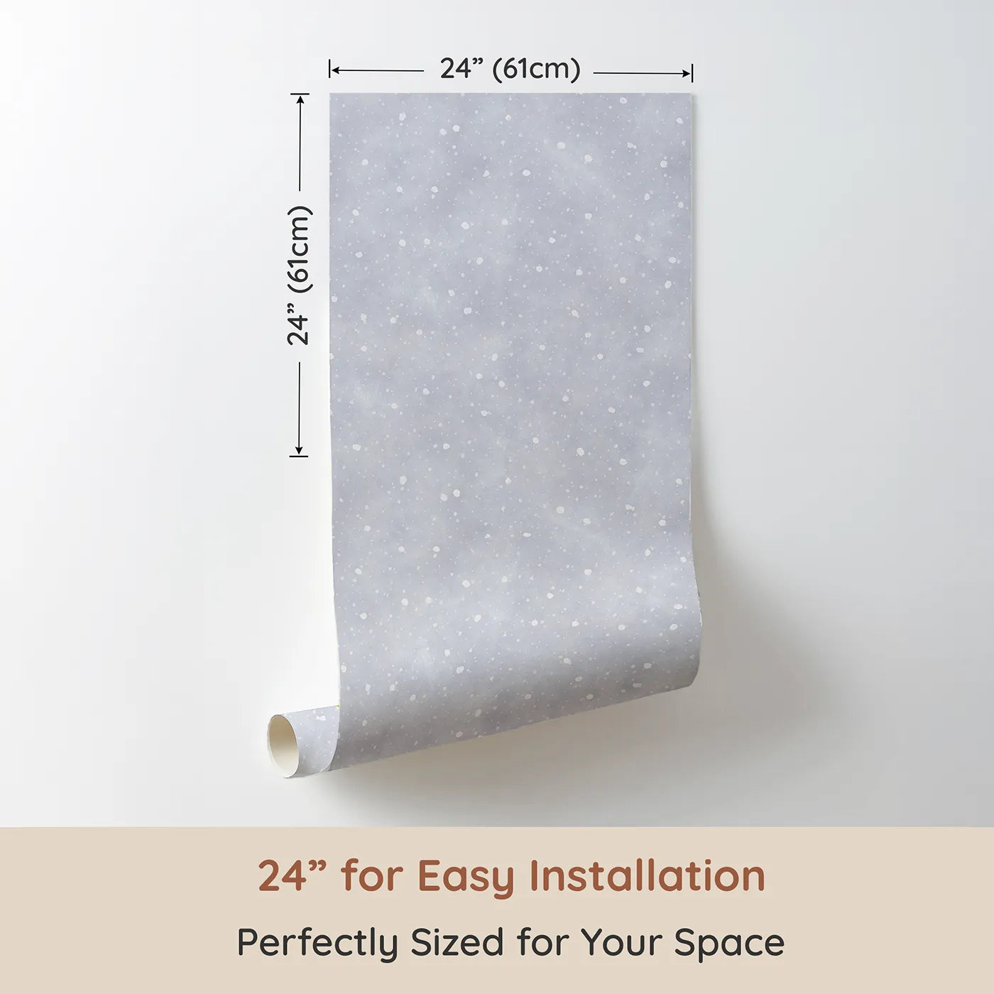 Dimension view of Whimsy Tots First Snowfall Wallpaper in Gray (W2174). Printed in 24-inch-wide panel for easy installation. Where the first soft snowflakes fall in a quiet, gray sky.