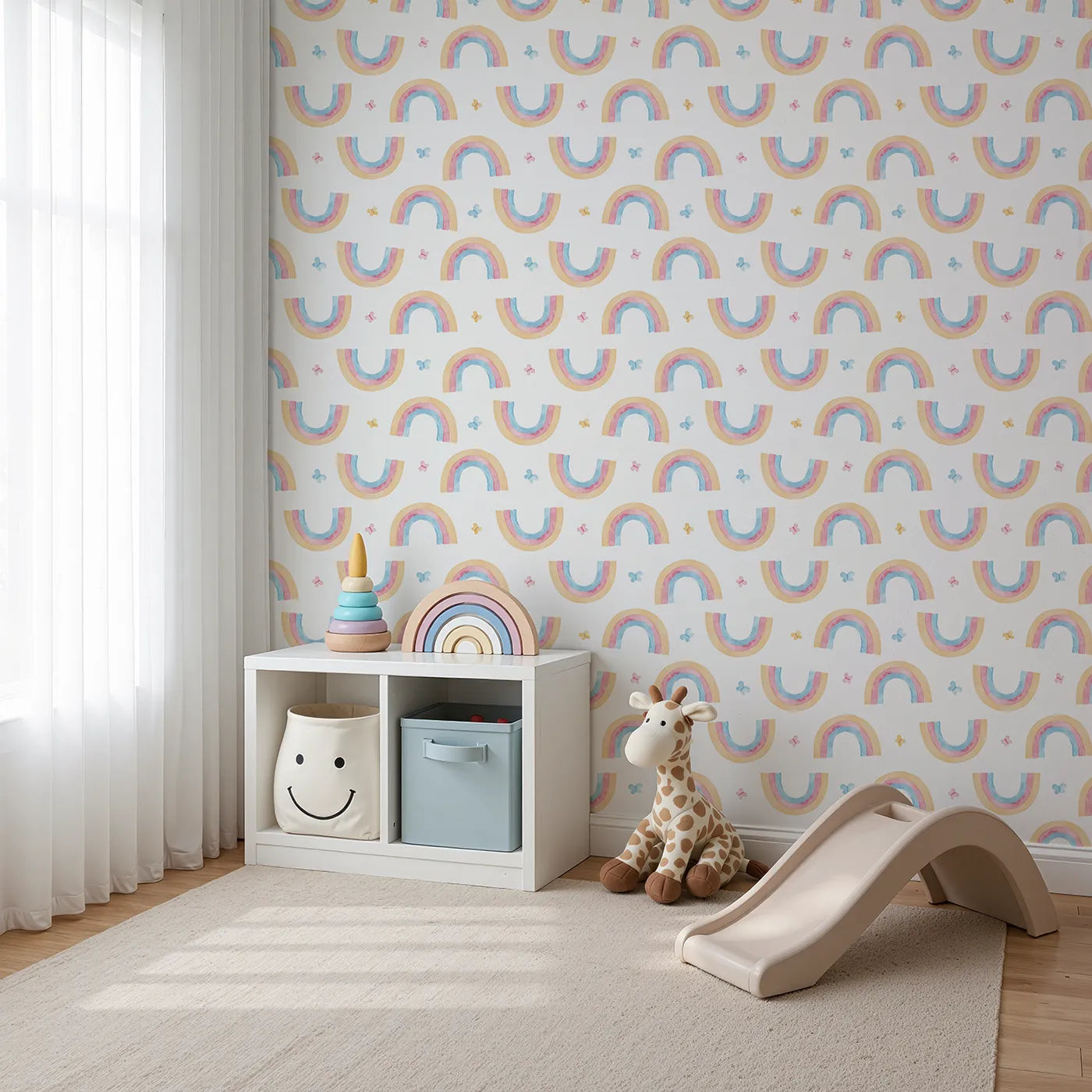 Angled view of Whimsy Tots' Watercolor Rainbow Butterfly Wallpaper (W2175).Where soft rainbows and happy butterflies float on a light breeze.