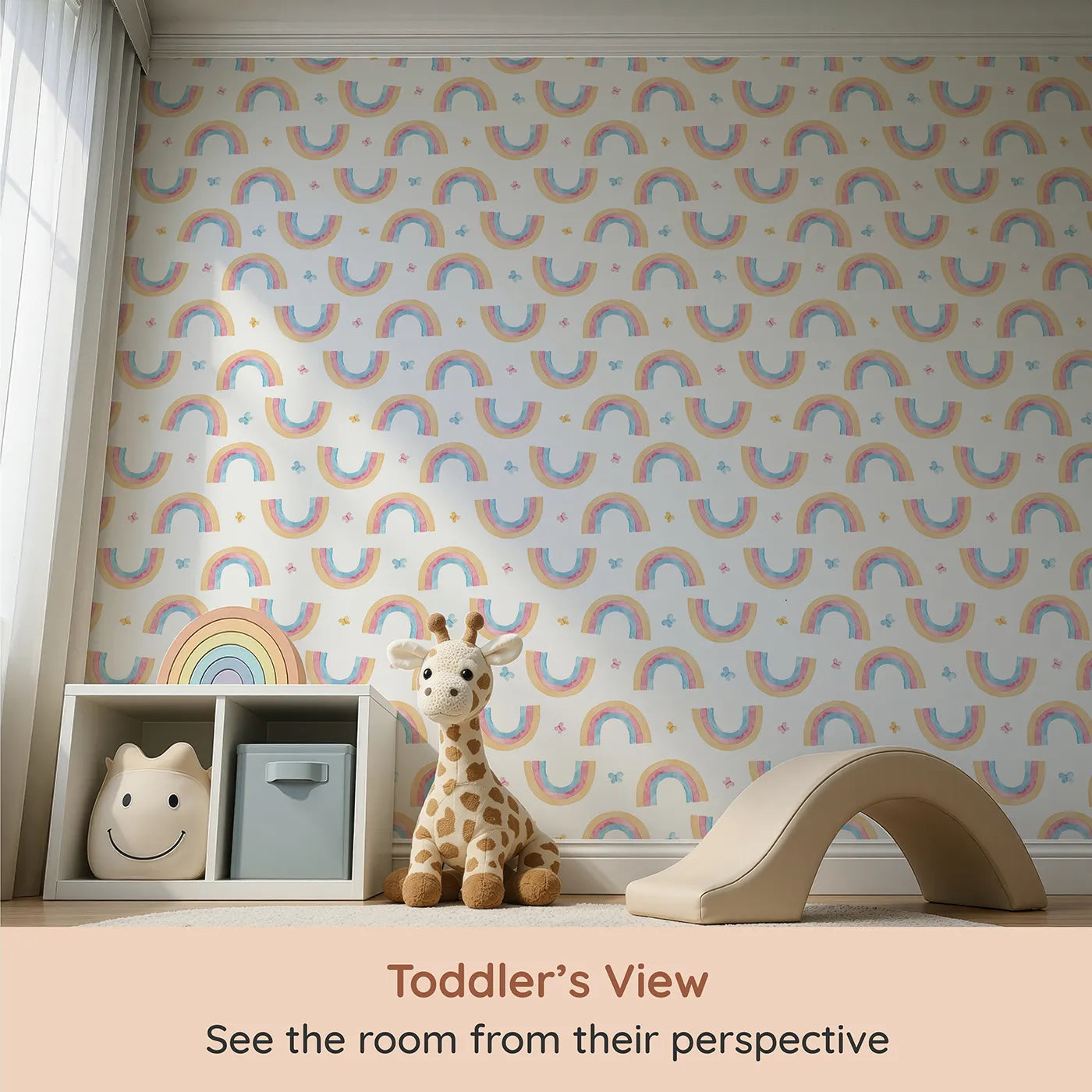 Whimsy Tots Watercolor Rainbow Butterfly Wallpaper (W2175) from your child's view.Where soft rainbows and happy butterflies float on a light breeze.