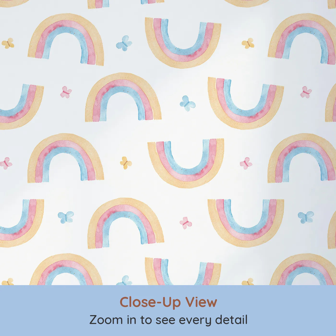 Close-up view of Whimsy Tots' Watercolor Rainbow Butterfly Wallpaper (W2175).Where soft rainbows and happy butterflies float on a light breeze.