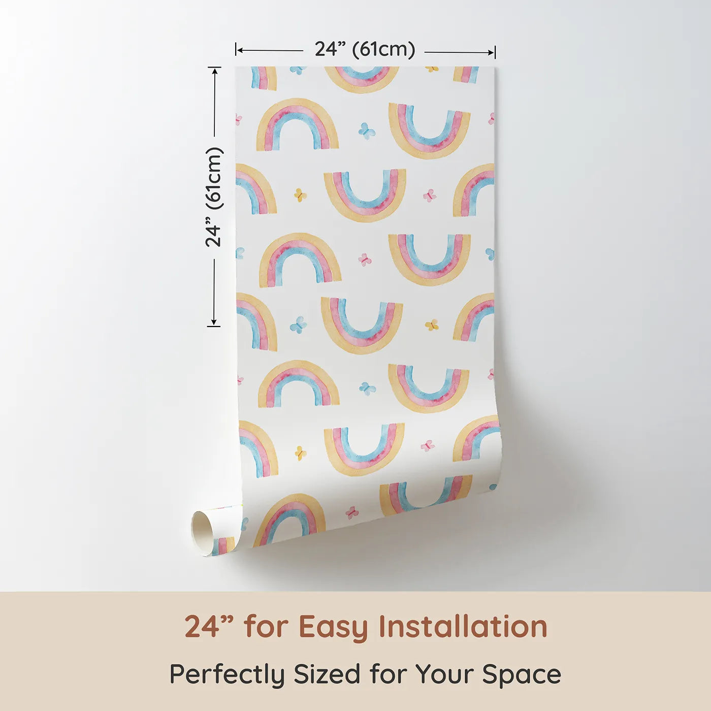 Dimension view of Whimsy Tots Watercolor Rainbow Butterfly Wallpaper (W2175). Printed in 24-inch-wide panel for easy installation. Where soft rainbows and happy butterflies float on a light breeze.