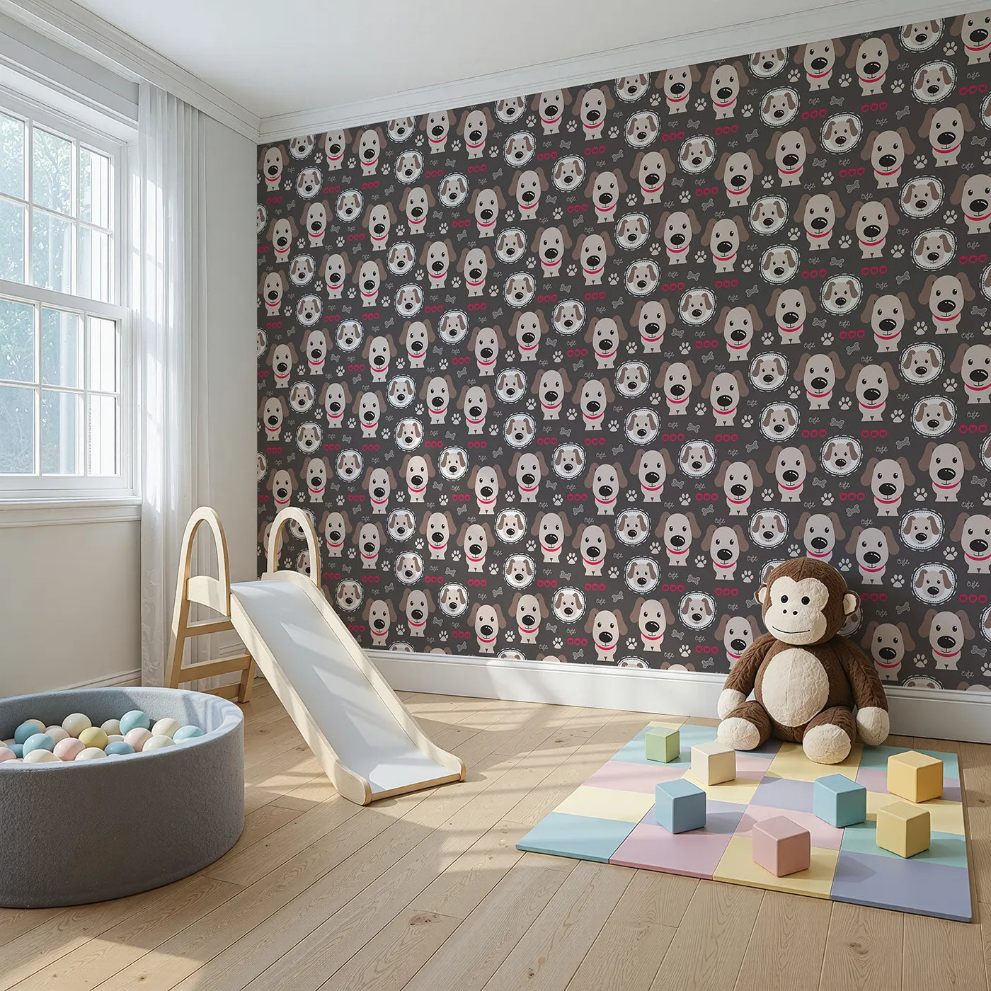 Angled view of Whimsy Tots' Cute Puppy Love Wallpaper (W2176).Where adorable cartoon dogs are waiting for a cuddle.