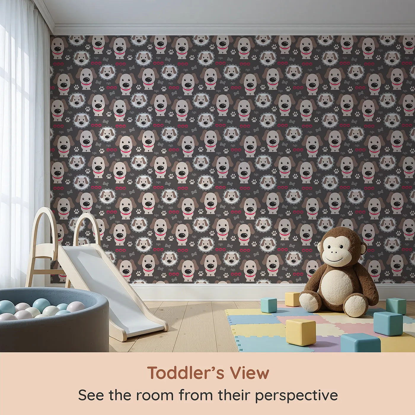 Whimsy Tots Cute Puppy Love Wallpaper (W2176) from your child's view.Where adorable cartoon dogs are waiting for a cuddle.