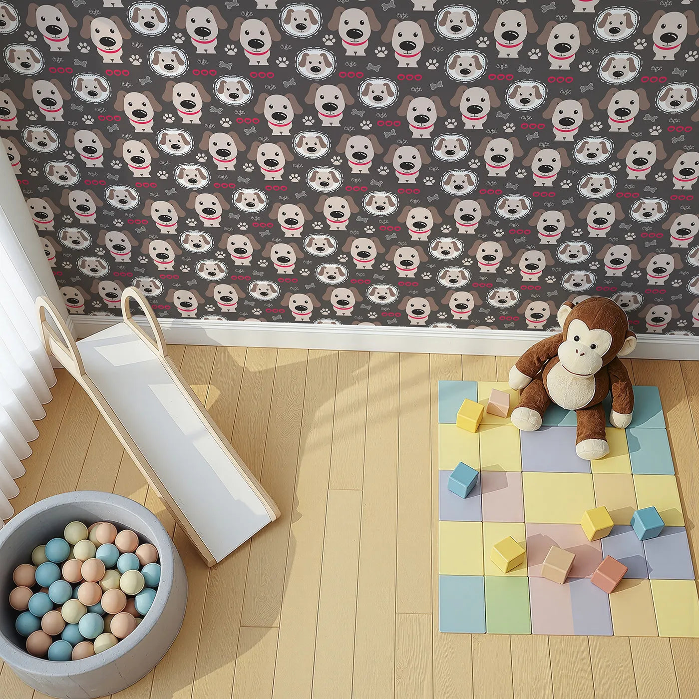 Top-Down view of Whimsy Tots' Cute Puppy Love Wallpaper (W2176).Where adorable cartoon dogs are waiting for a cuddle.