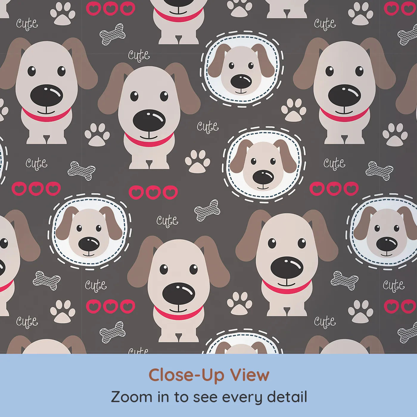 Close-up view of Whimsy Tots' Cute Puppy Love Wallpaper (W2176).Where adorable cartoon dogs are waiting for a cuddle.