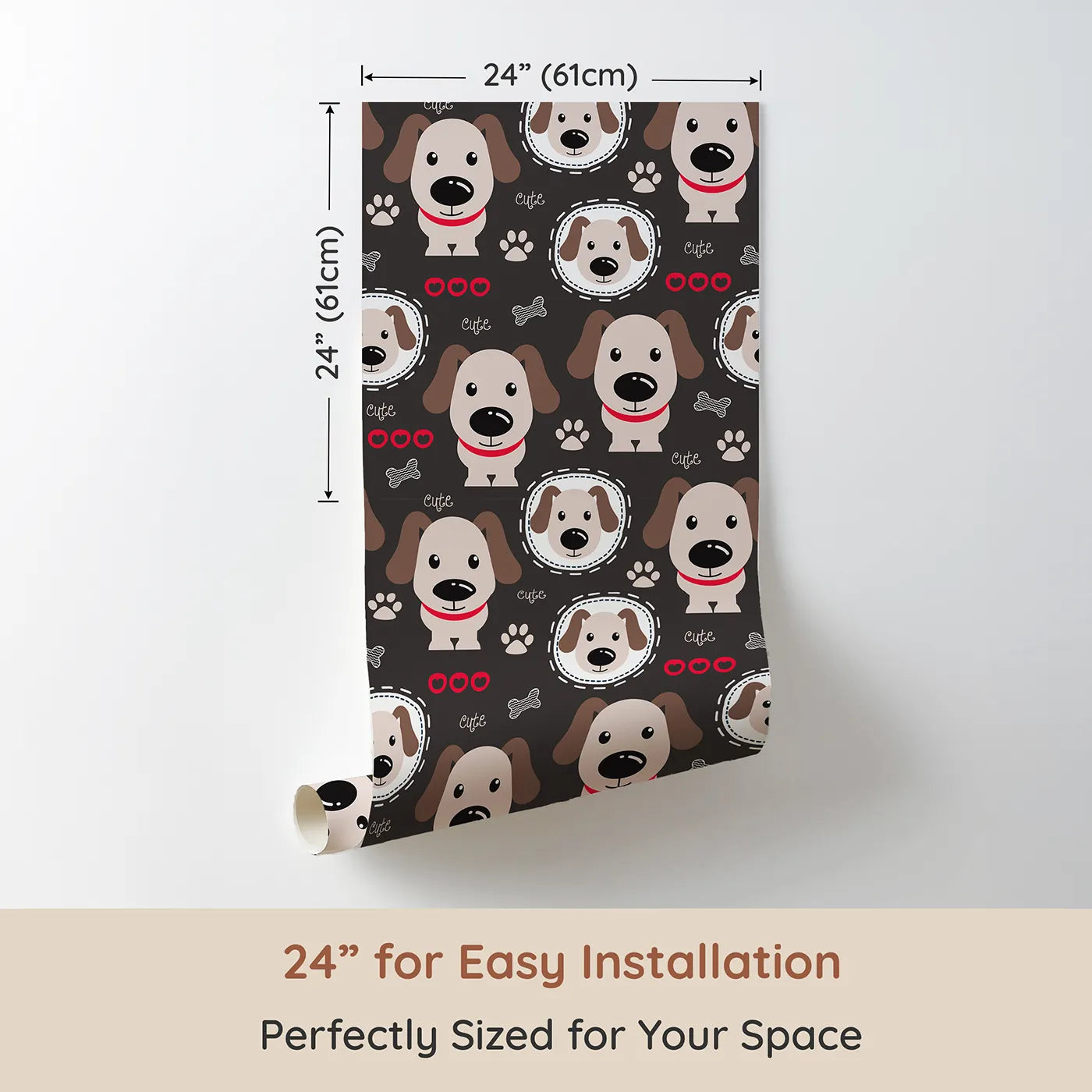 Dimension view of Whimsy Tots Cute Puppy Love Wallpaper (W2176). Printed in 24-inch-wide panel for easy installation. Where adorable cartoon dogs are waiting for a cuddle.