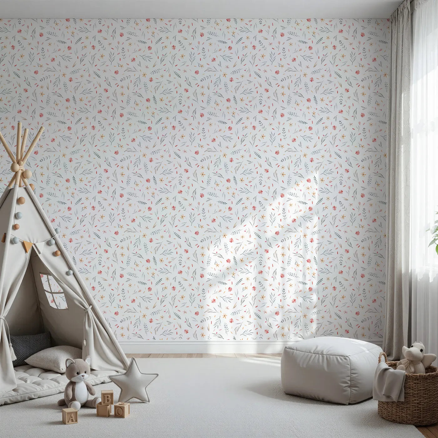 Front view of Whimsy Tots' Delicate Watercolor Meadow Wallpaper