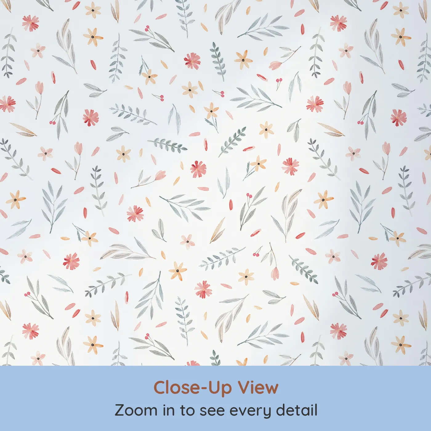 Close-up view of Whimsy Tots' Delicate Watercolor Meadow Wallpaper (W2177).Where tiny, painted flowers and leaves dance on the wall.