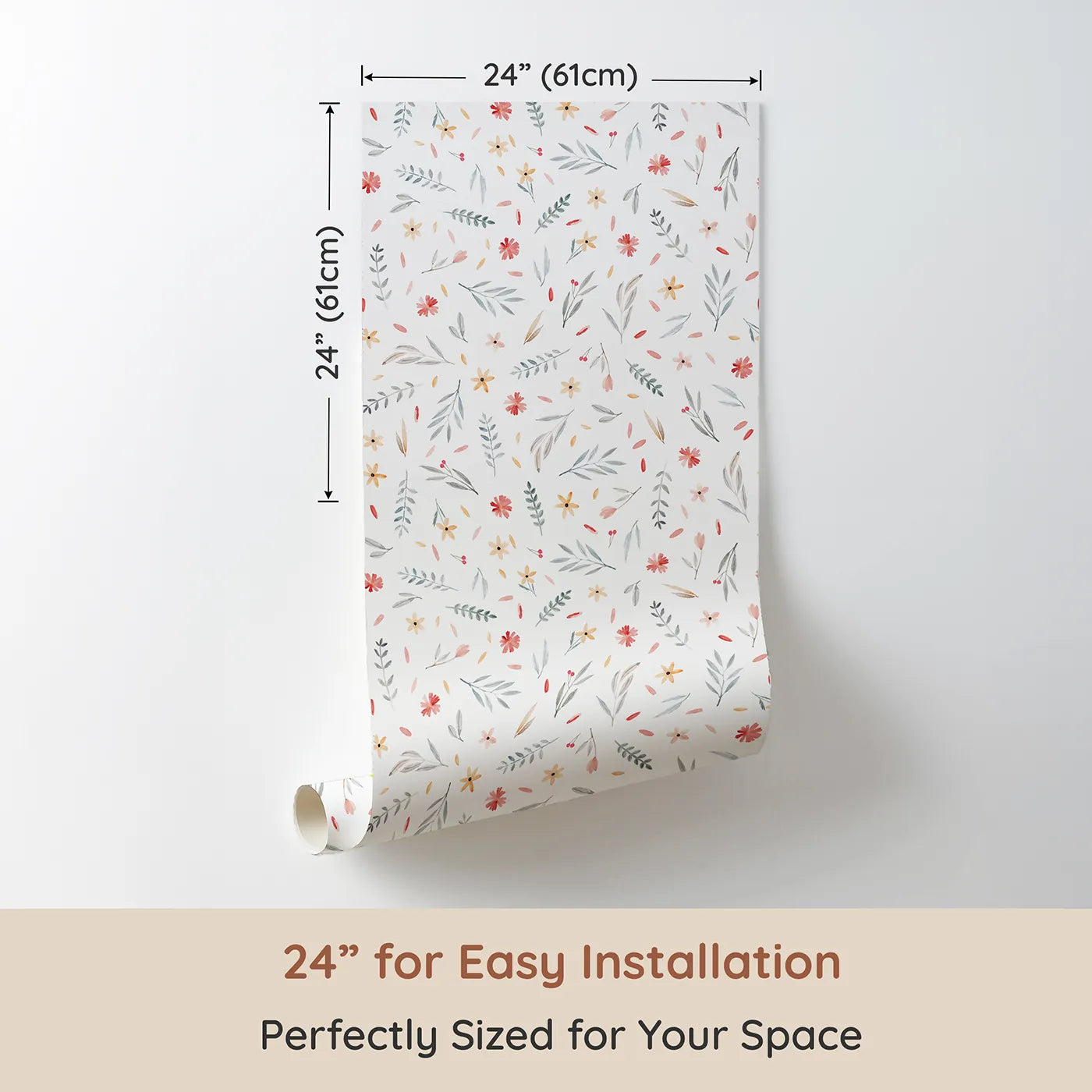 Dimension view of Whimsy Tots Delicate Watercolor Meadow Wallpaper (W2177). Printed in 24-inch-wide panel for easy installation. Where tiny, painted flowers and leaves dance on the wall.