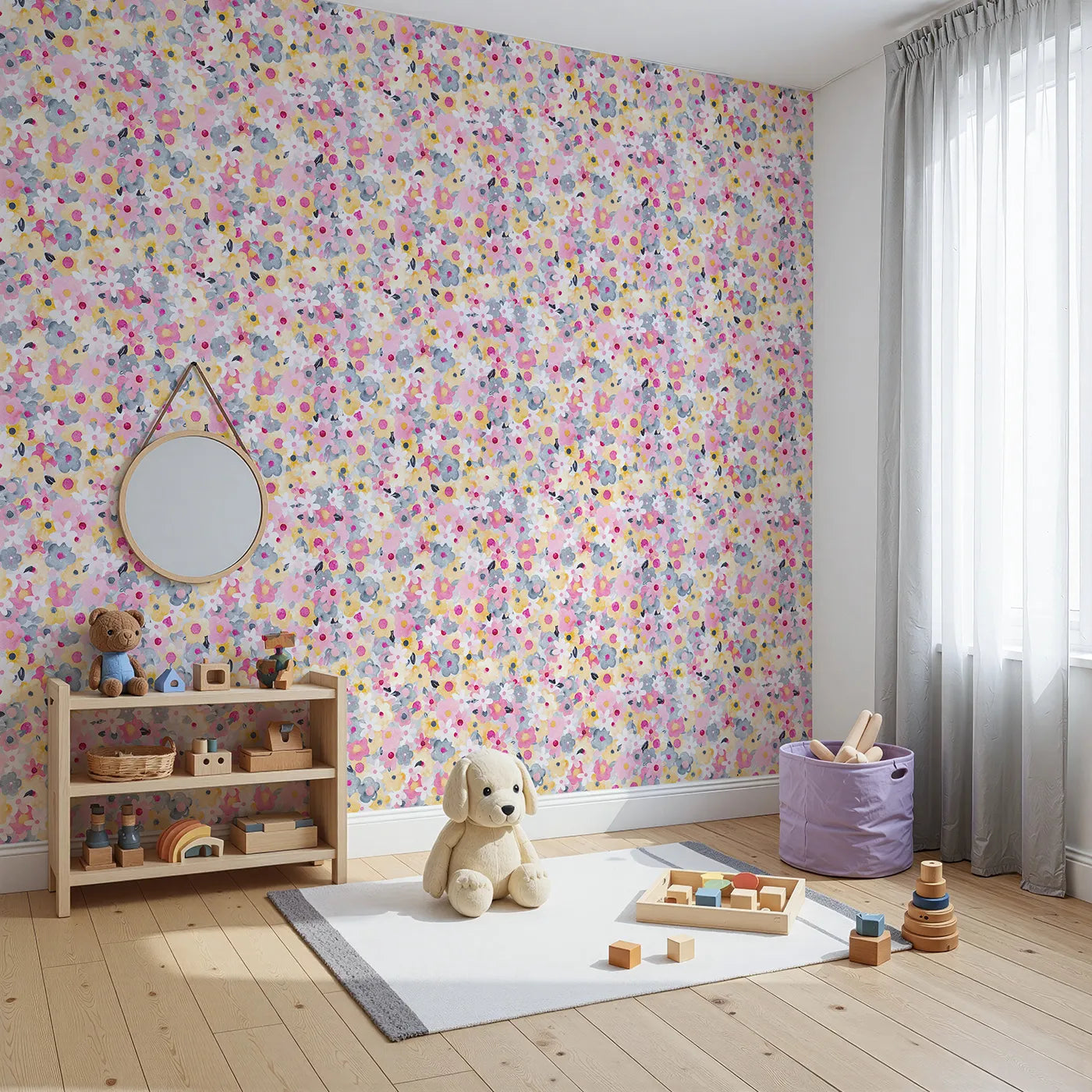 Angled view of Whimsy Tots' Abstract Floral Burst Wallpaper (W2178).Where a dense garden of color is always in happy bloom.
