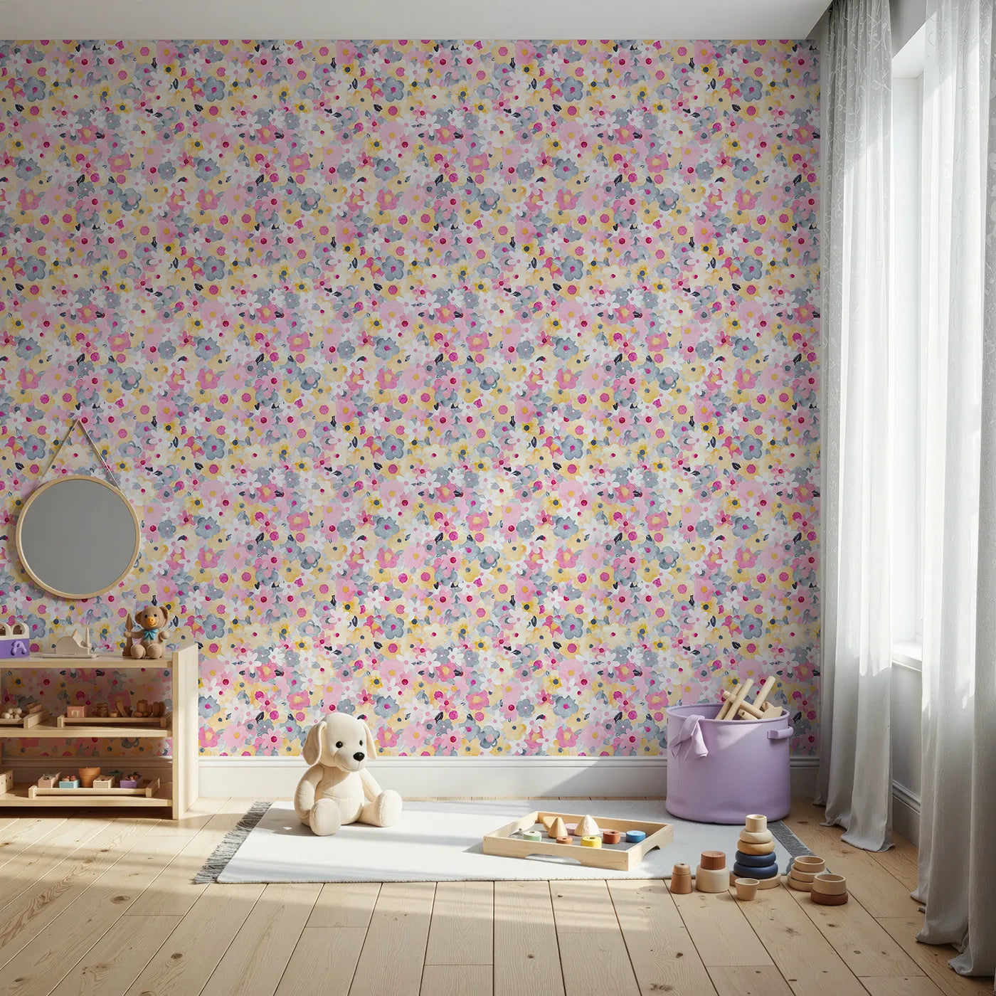 Front view of Whimsy Tots' Abstract Floral Burst Wallpaper