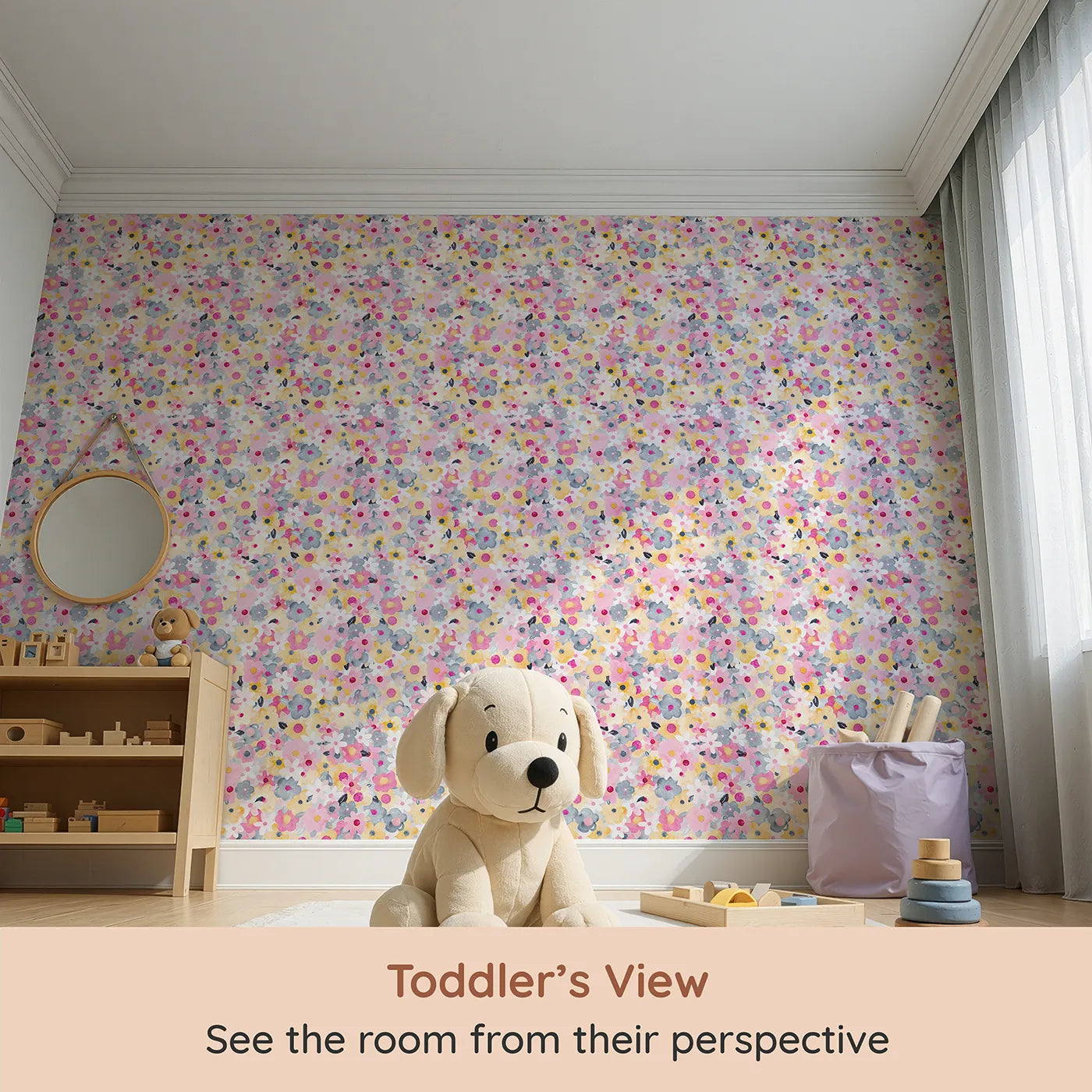 Whimsy Tots Abstract Floral Burst Wallpaper (W2178) from your child's view.Where a dense garden of color is always in happy bloom.