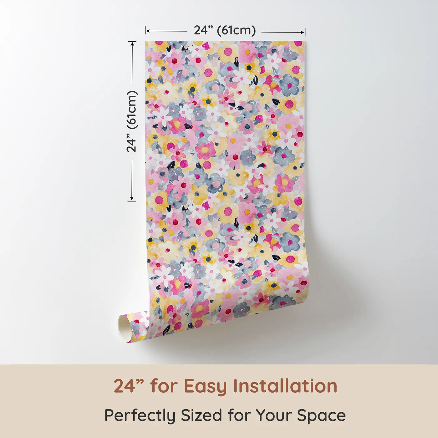 Dimension view of Whimsy Tots Abstract Floral Burst Wallpaper (W2178). Printed in 24-inch-wide panel for easy installation. Where a dense garden of color is always in happy bloom.