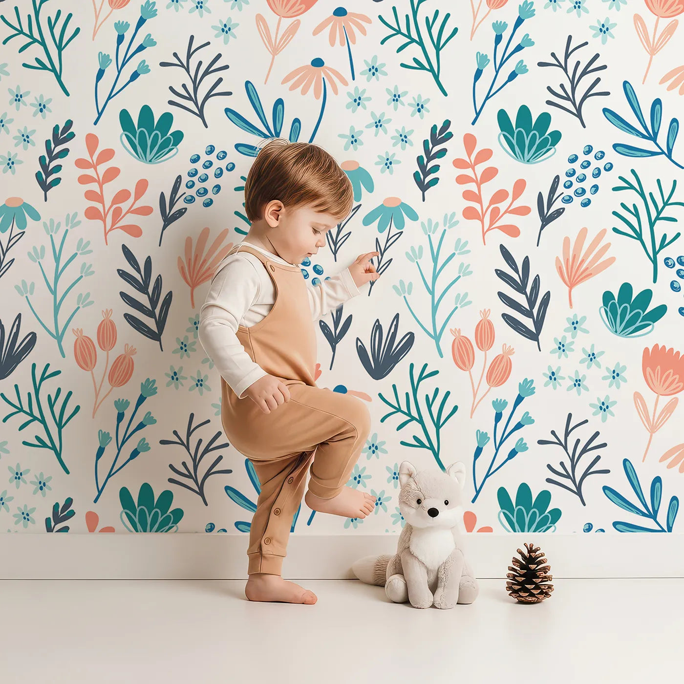 Lovely child standing in front of Whimsy Tots Modern Botanical Sprigs Wallpaper with floral, botanical, modern, graphic, leaf in design.
