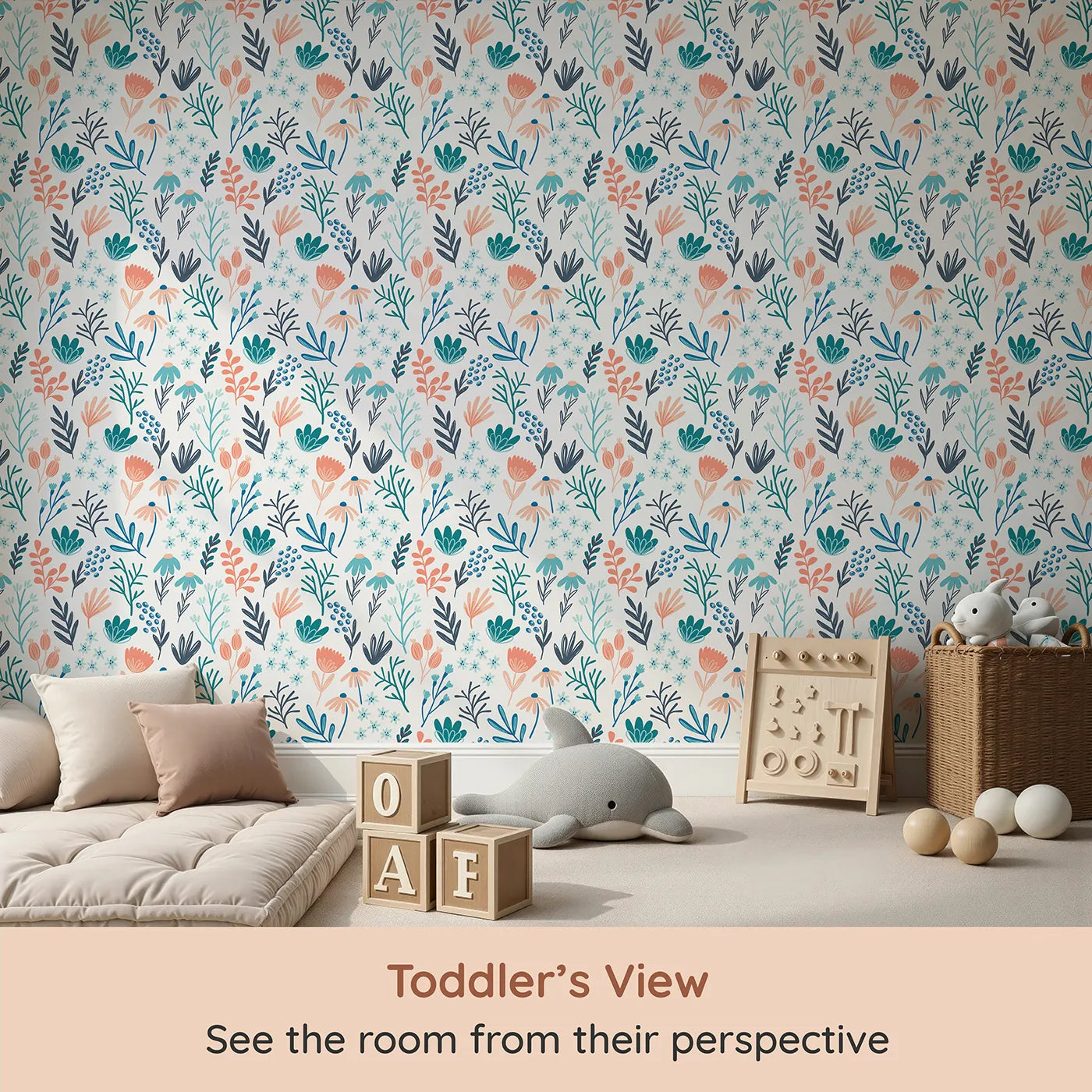 Whimsy Tots Modern Botanical Sprigs Wallpaper (W2179) from your child's view.Where cool, graphic botanicals create a modern oasis.