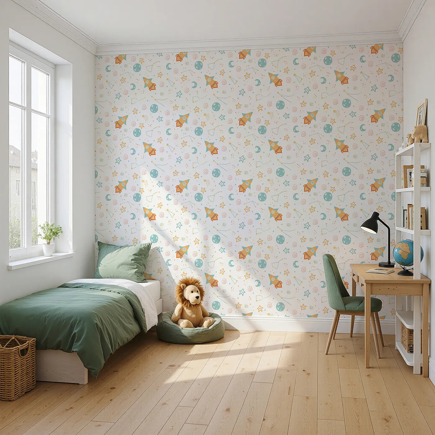 Angled view of Whimsy Tots' Pastel Space Pals Wallpaper (W2180).Where smiling stars and friendly rockets are waiting to play.