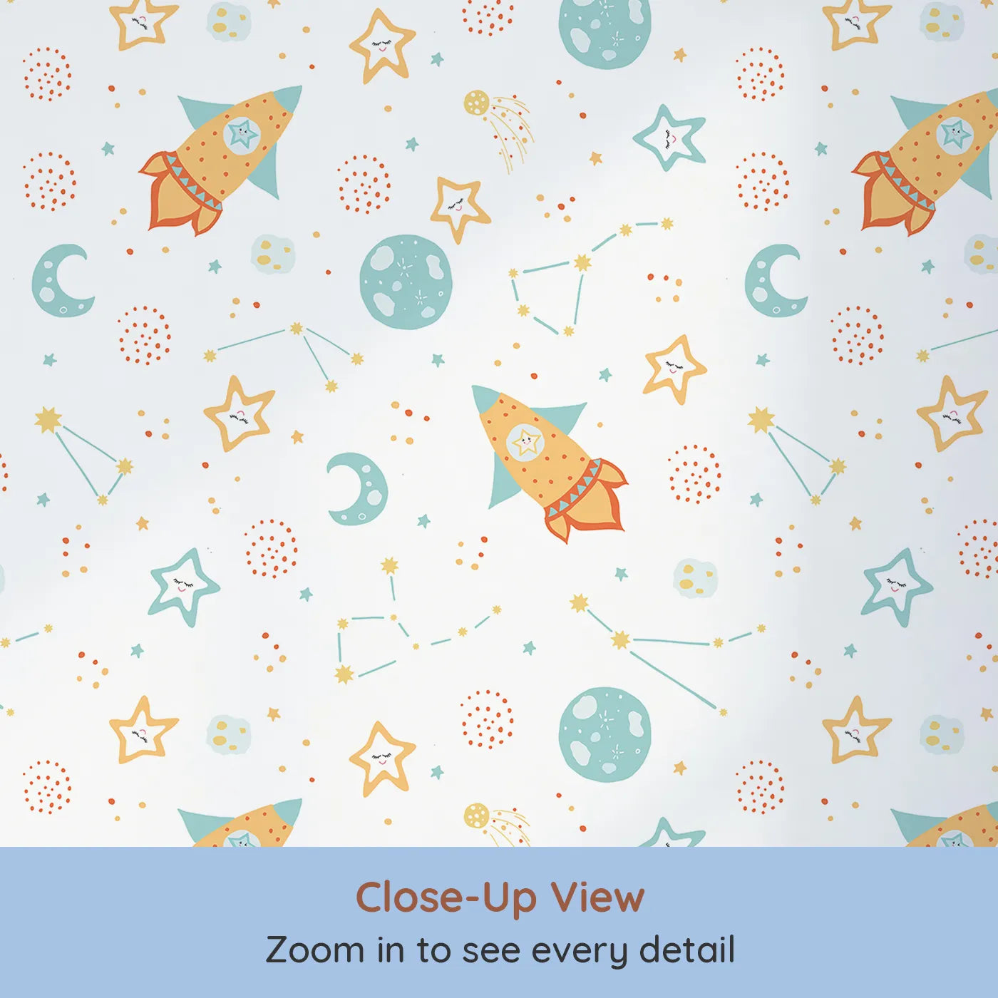 Close-up view of Whimsy Tots' Pastel Space Pals Wallpaper (W2180).Where smiling stars and friendly rockets are waiting to play.