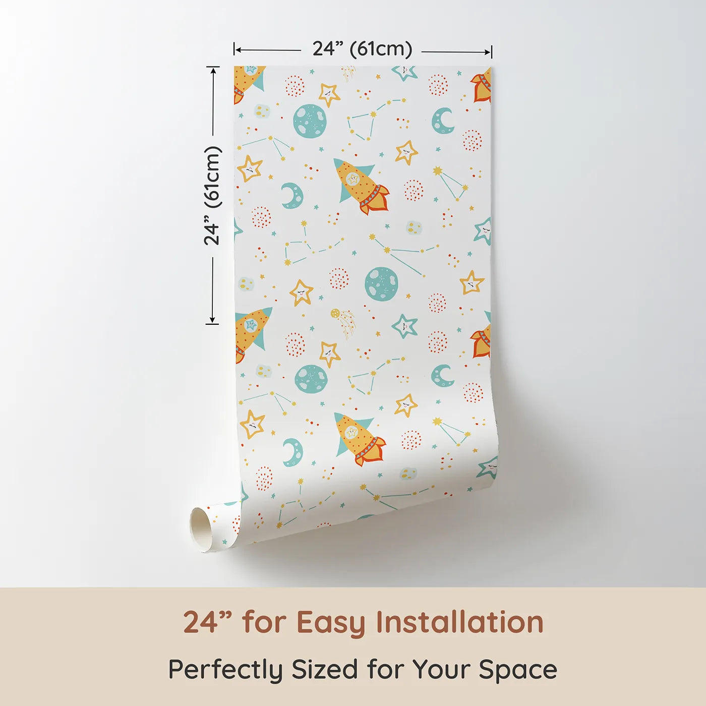 Dimension view of Whimsy Tots Pastel Space Pals Wallpaper (W2180). Printed in 24-inch-wide panel for easy installation. Where smiling stars and friendly rockets are waiting to play.