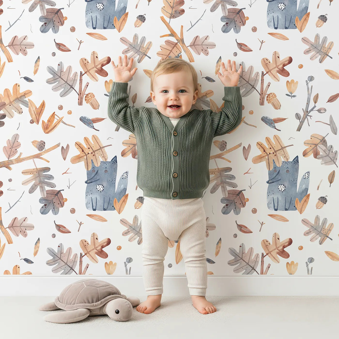 Lovely child standing in front of Whimsy Tots Watercolor Autumn Fox Wallpaper with fox, autumn, leaf, watercolor, woodland in design.