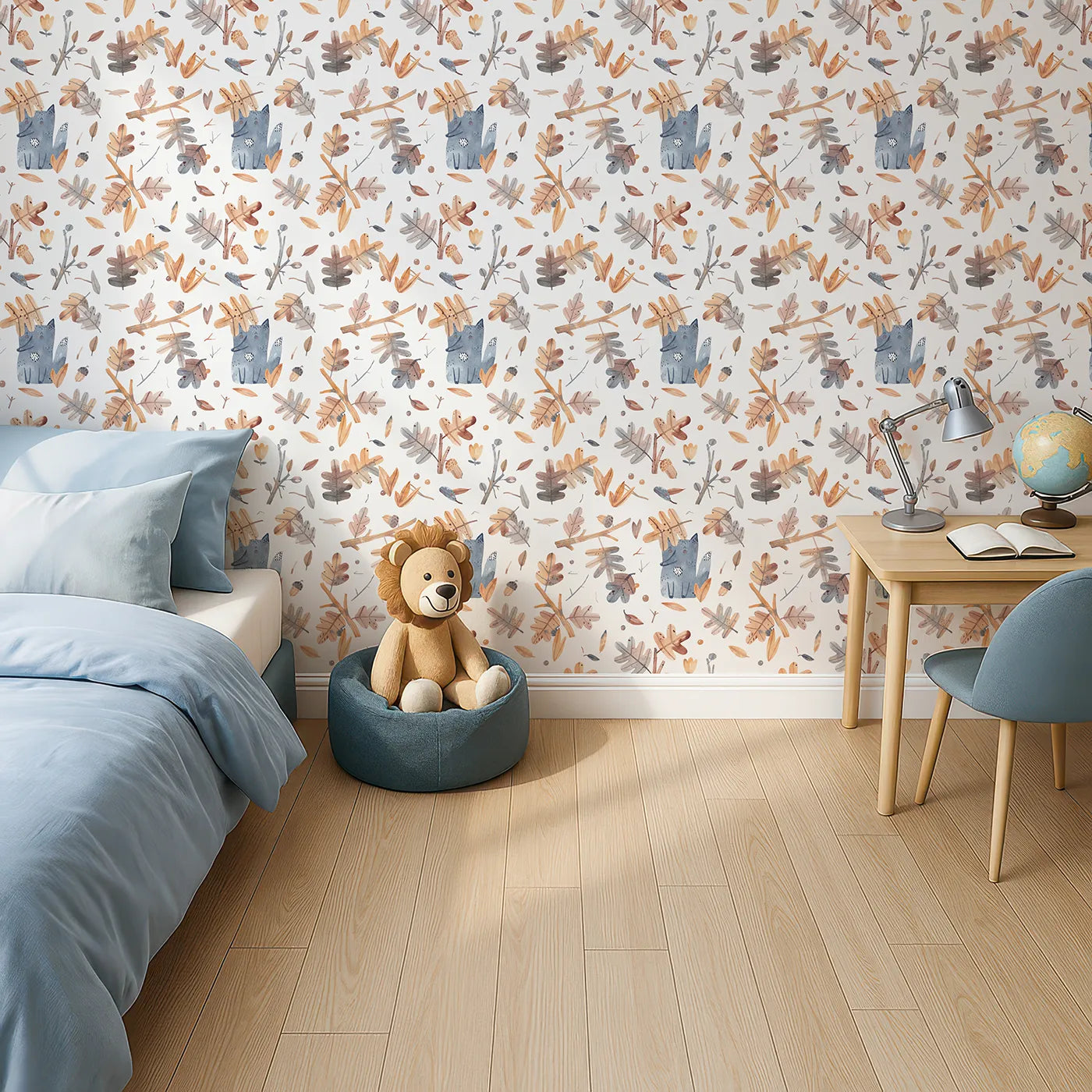 Top-Down view of Whimsy Tots' Watercolor Autumn Fox Wallpaper (W2181).Where a gentle fox plays among the falling autumn leaves.