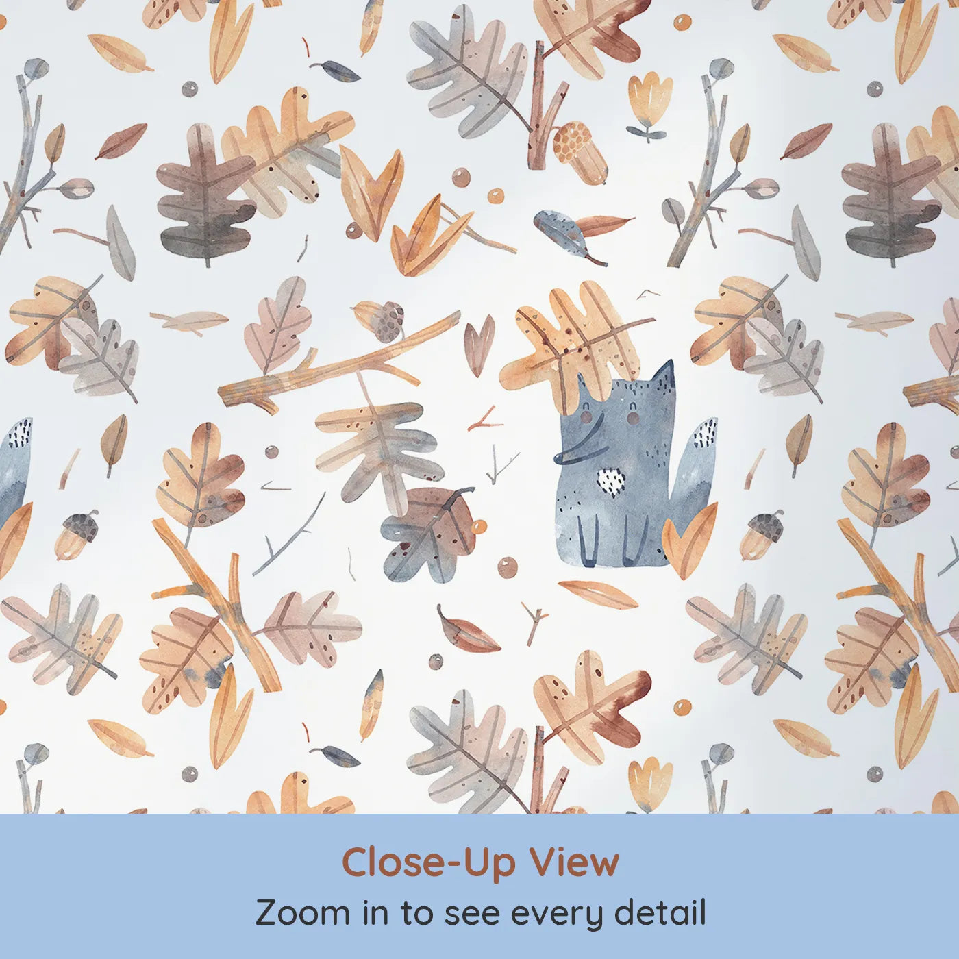 Close-up view of Whimsy Tots' Watercolor Autumn Fox Wallpaper (W2181).Where a gentle fox plays among the falling autumn leaves.