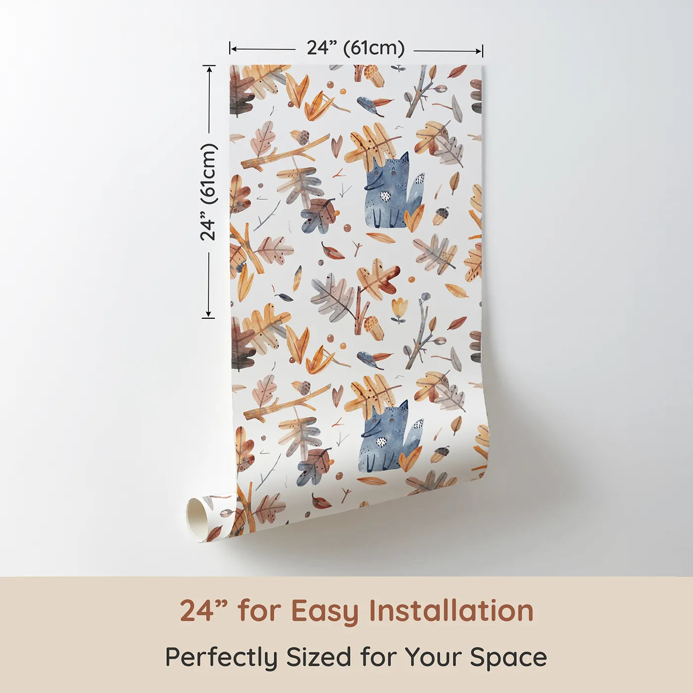 Dimension view of Whimsy Tots Watercolor Autumn Fox Wallpaper (W2181). Printed in 24-inch-wide panel for easy installation. Where a gentle fox plays among the falling autumn leaves.