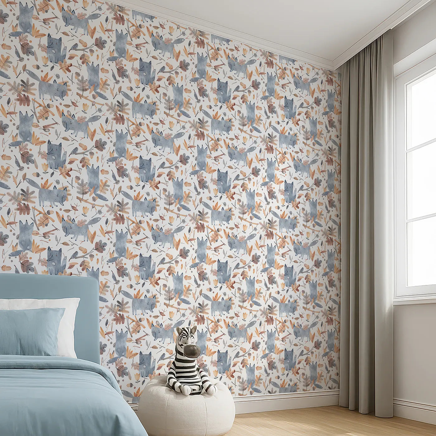 Angled view of Whimsy Tots' Playful Autumn Fox Wallpaper (W2182).Where happy foxes chase the swirling leaves.