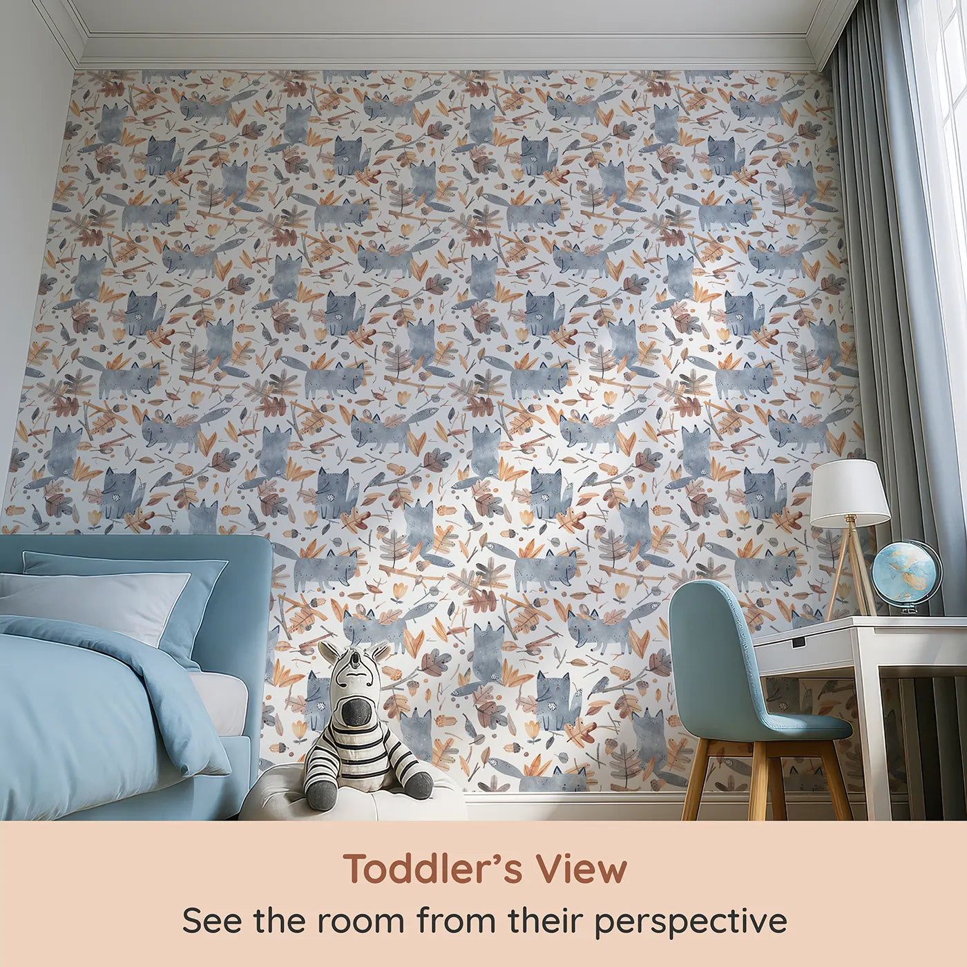 Whimsy Tots Playful Autumn Fox Wallpaper (W2182) from your child's view.Where happy foxes chase the swirling leaves.