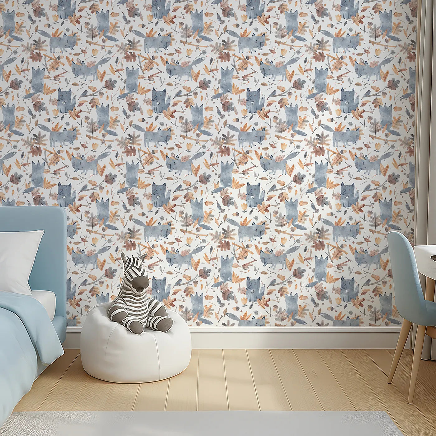 Top-Down view of Whimsy Tots' Playful Autumn Fox Wallpaper (W2182).Where happy foxes chase the swirling leaves.