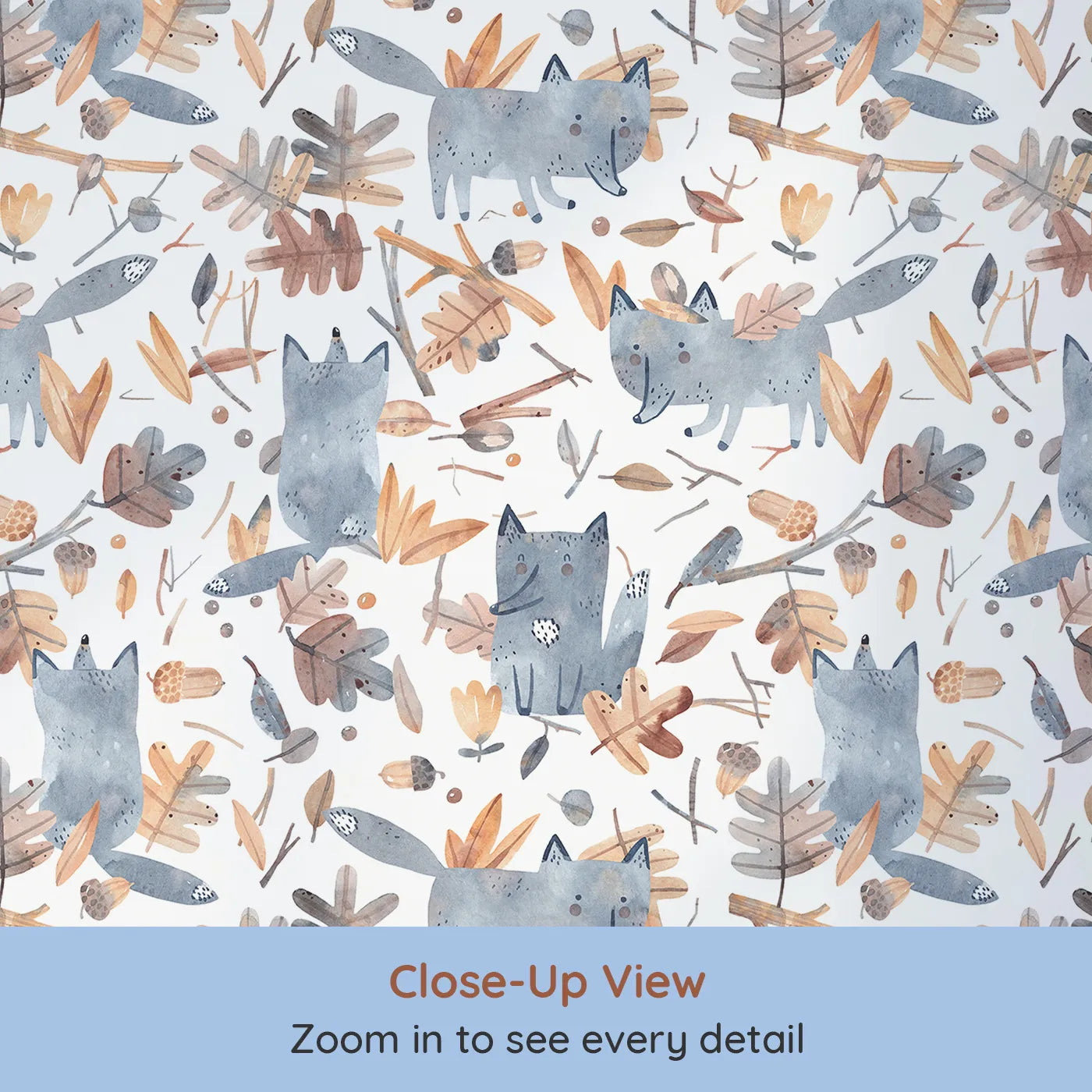 Close-up view of Whimsy Tots' Playful Autumn Fox Wallpaper (W2182).Where happy foxes chase the swirling leaves.