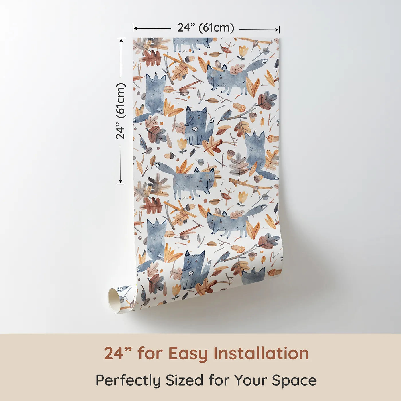 Dimension view of Whimsy Tots Playful Autumn Fox Wallpaper (W2182). Printed in 24-inch-wide panel for easy installation. Where happy foxes chase the swirling leaves.