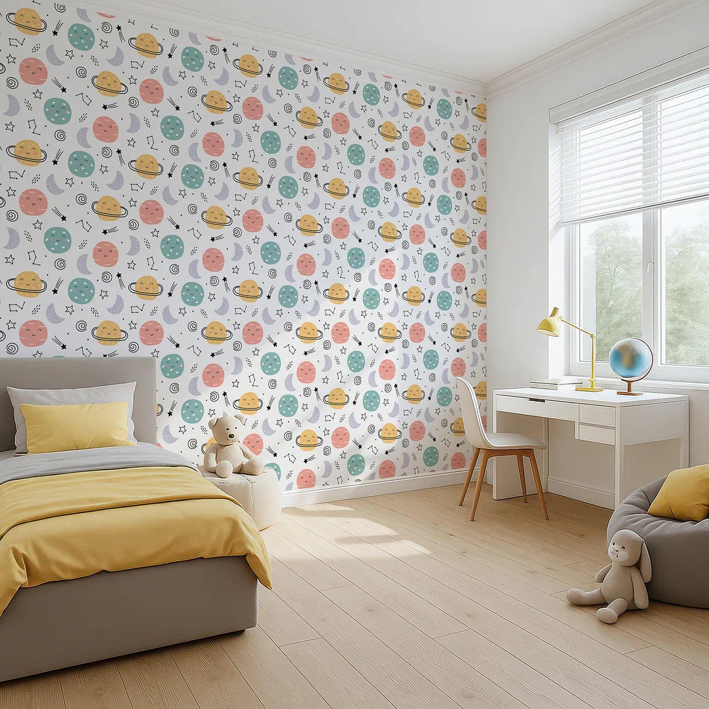 Angled view of Whimsy Tots' Happy Planet Pals Wallpaper (W2183).Where every planet has a happy, smiling face.