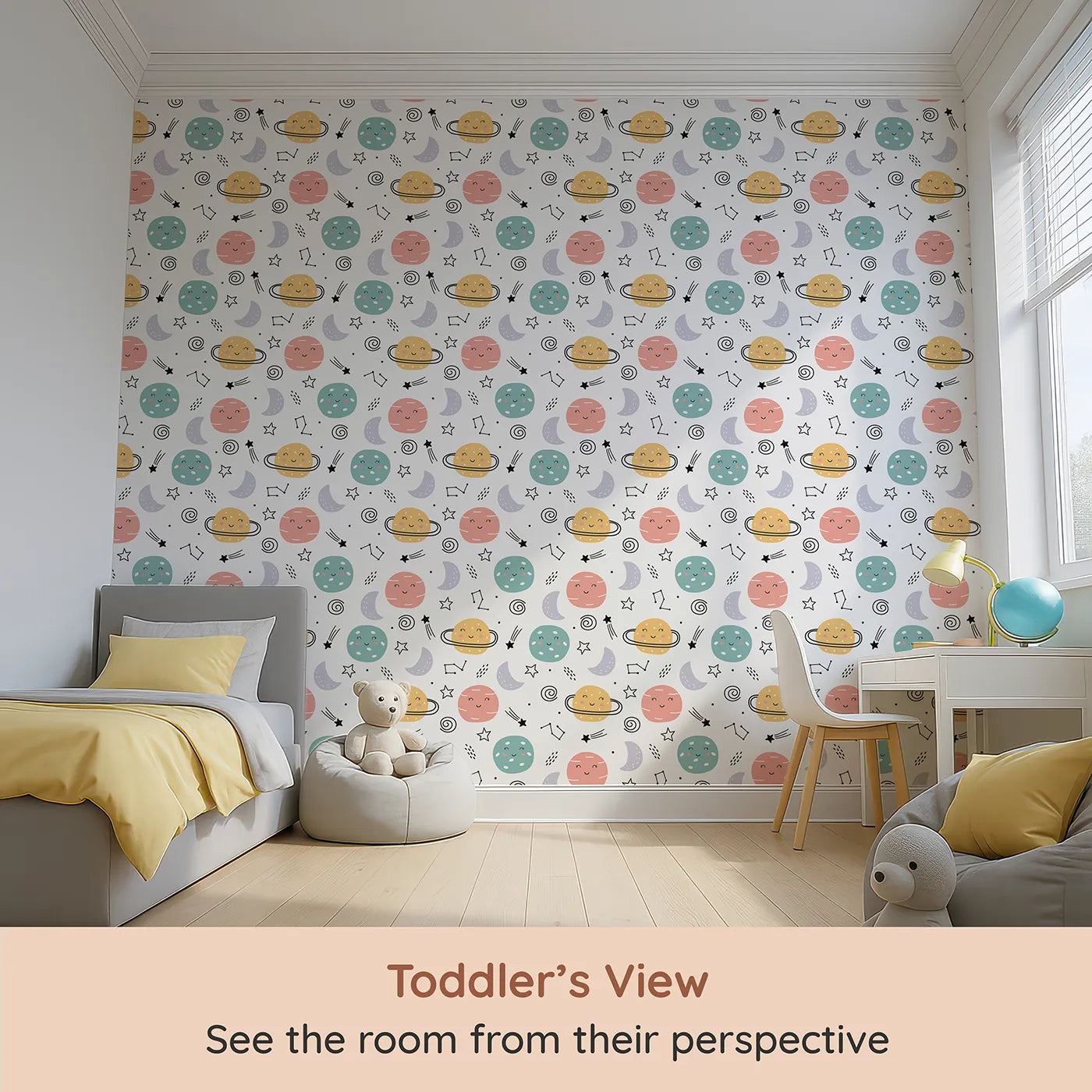 Whimsy Tots Happy Planet Pals Wallpaper (W2183) from your child's view.Where every planet has a happy, smiling face.